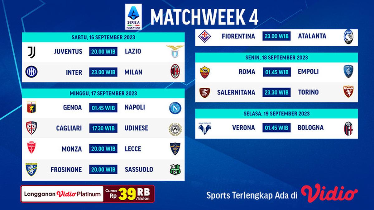 Jadwal dan Link Live Streaming Serie A 2023/2024 Pekan 4: Juventus vs Lazio, Inter vs Milan di Vidio
