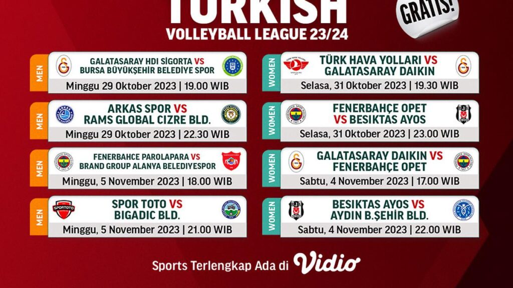 Jadwal dan Live Streaming Liga Bola Voli Turki 23/24 Minggu ke-3 di Vidio