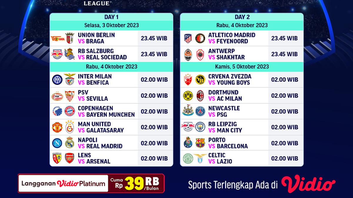 Jadwal dan Link Siaran Langsung Matchweek 2 Liga Champions 2023/2024 di Vidio!