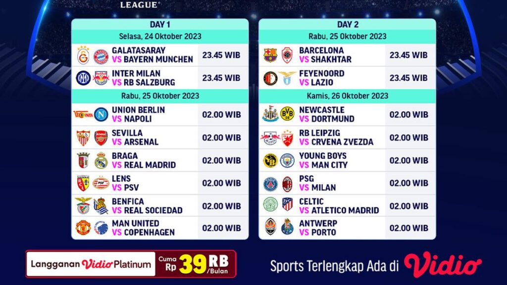 Jadwal dan Live Streaming Matchday 3 Liga Champions di Vidio, Ada PSG vs AC Milan
