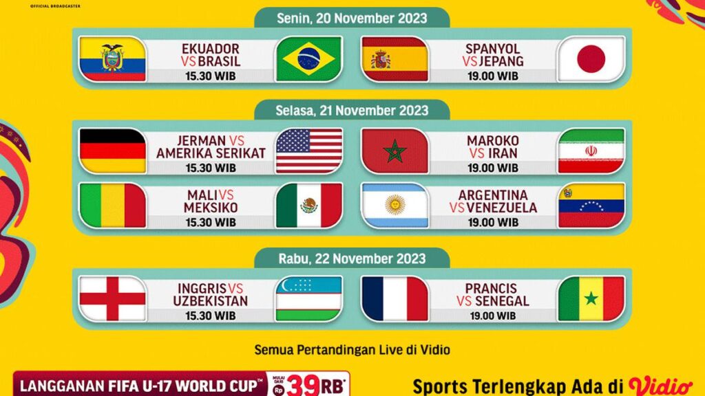 Jadwal dan Live Streaming Babak 16 Besar Piala Dunia U-17 di Vidio