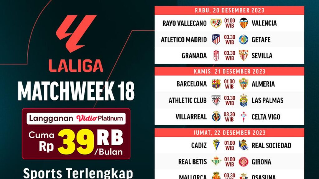 Jadwal La Liga Matchweek 18 dan Link Streaming di Vidio